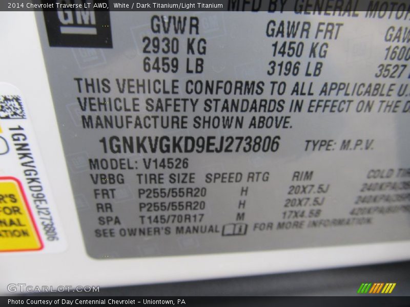 White / Dark Titanium/Light Titanium 2014 Chevrolet Traverse LT AWD