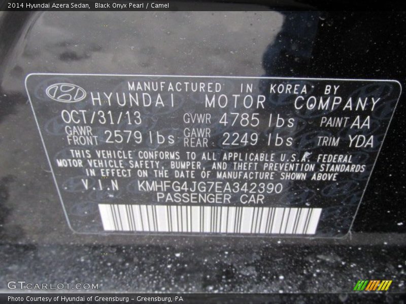 2014 Azera Sedan Black Onyx Pearl Color Code AA