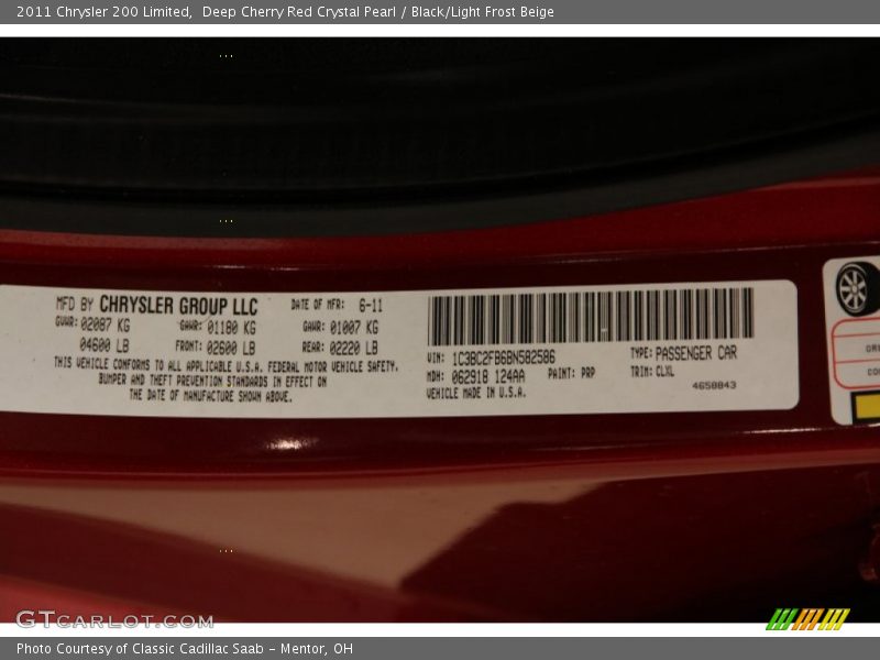 Deep Cherry Red Crystal Pearl / Black/Light Frost Beige 2011 Chrysler 200 Limited