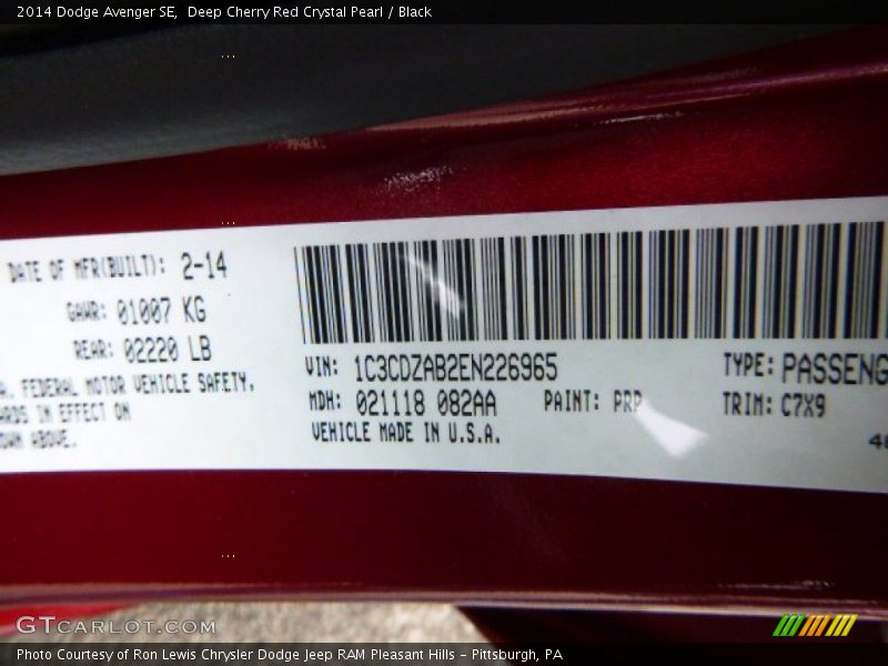 2014 Avenger SE Deep Cherry Red Crystal Pearl Color Code PRP