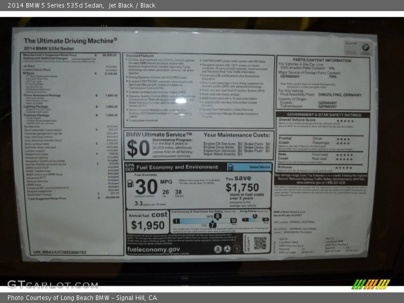  2014 5 Series 535d Sedan Window Sticker