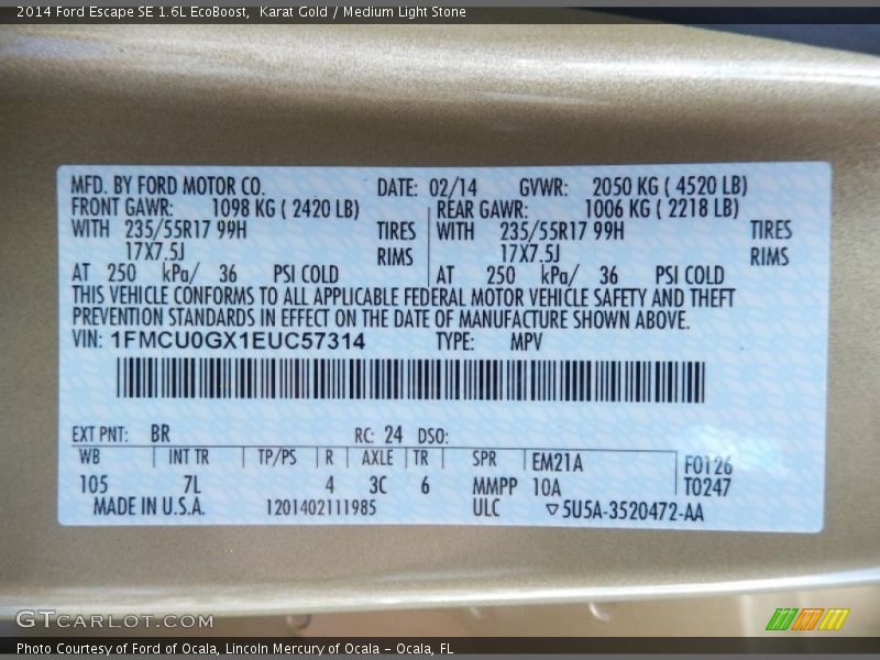 2014 Escape SE 1.6L EcoBoost Karat Gold Color Code BR
