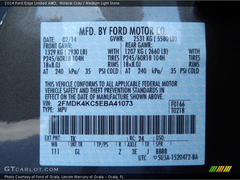 2014 Edge Limited AWD Mineral Gray Color Code TK