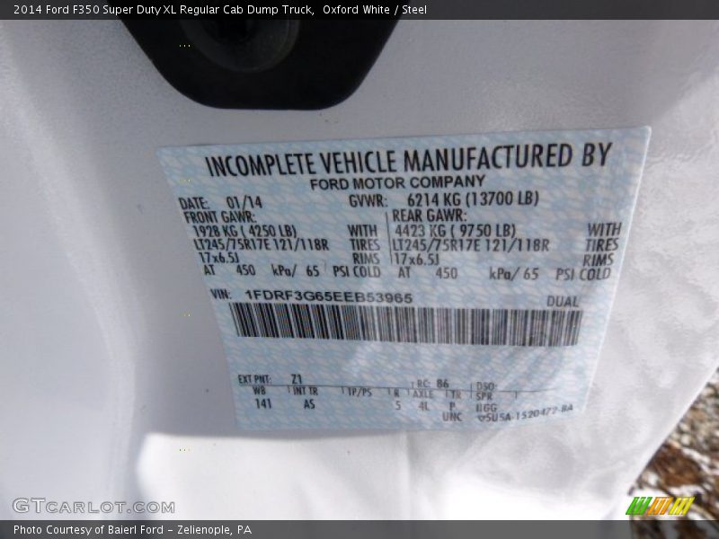2014 F350 Super Duty XL Regular Cab Dump Truck Oxford White Color Code Z1