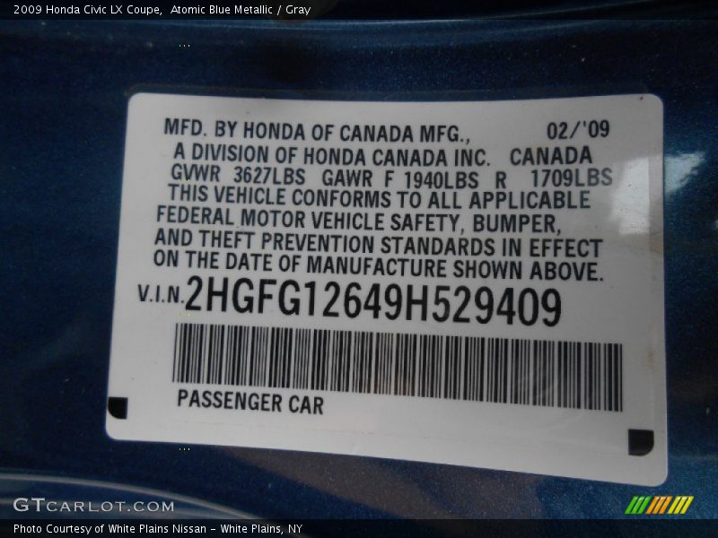Atomic Blue Metallic / Gray 2009 Honda Civic LX Coupe