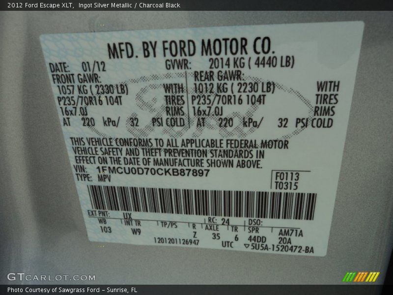 Ingot Silver Metallic / Charcoal Black 2012 Ford Escape XLT
