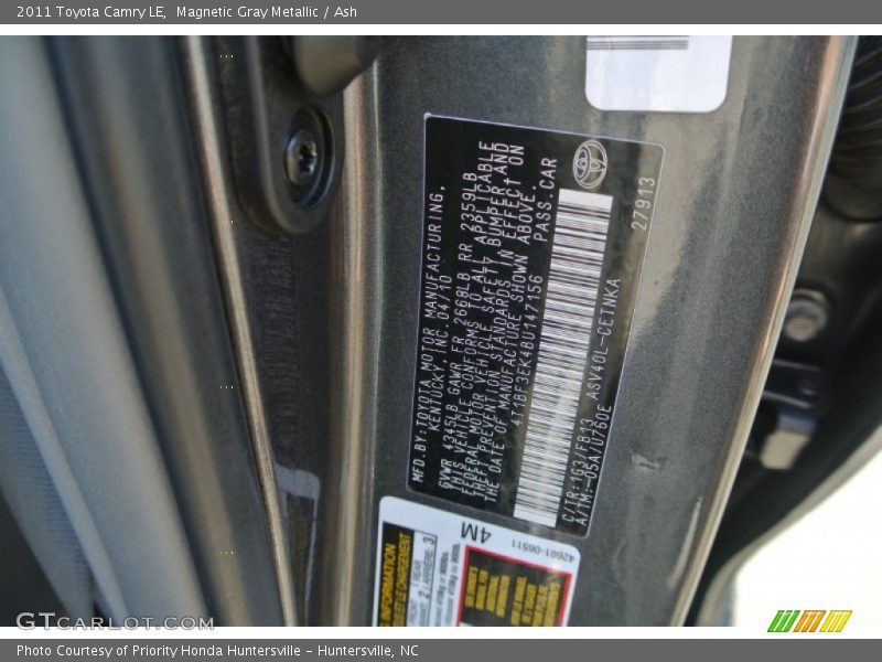 Magnetic Gray Metallic / Ash 2011 Toyota Camry LE