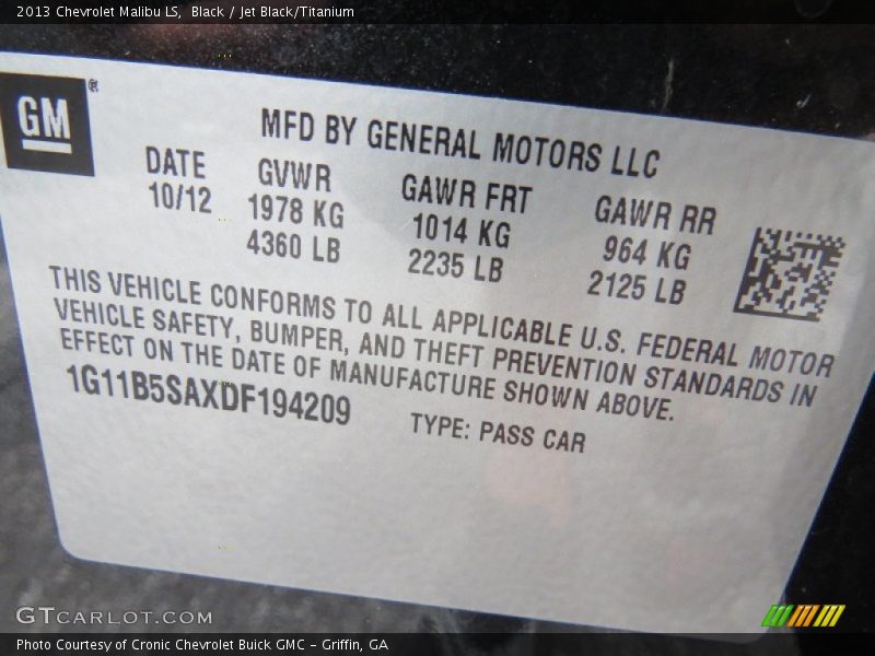 Black / Jet Black/Titanium 2013 Chevrolet Malibu LS