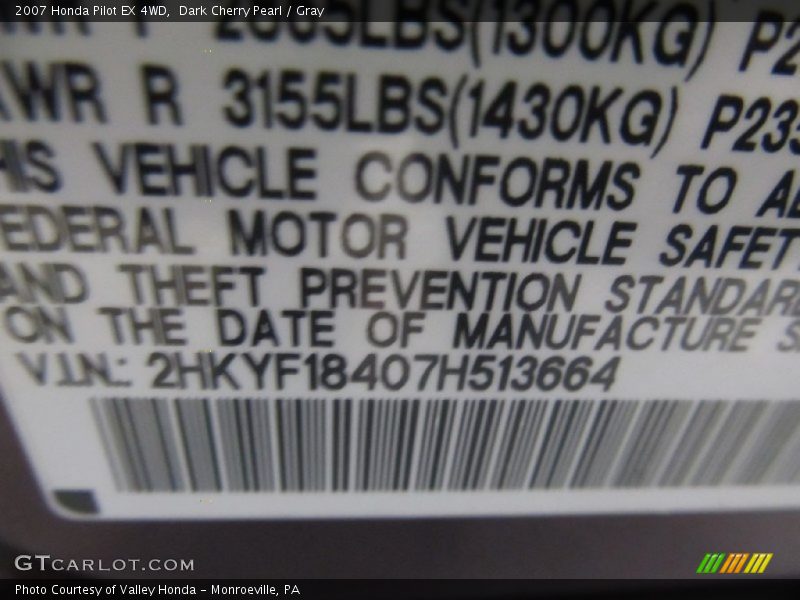 Dark Cherry Pearl / Gray 2007 Honda Pilot EX 4WD