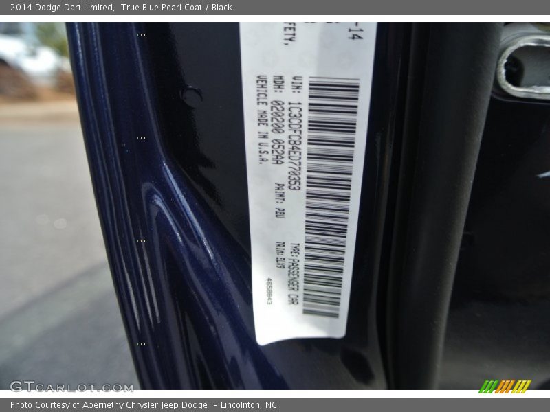 2014 Dart Limited True Blue Pearl Coat Color Code PBU