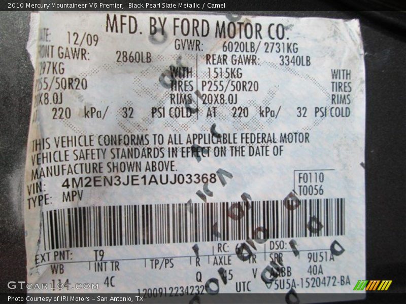 2010 Mountaineer V6 Premier Black Pearl Slate Metallic Color Code T9