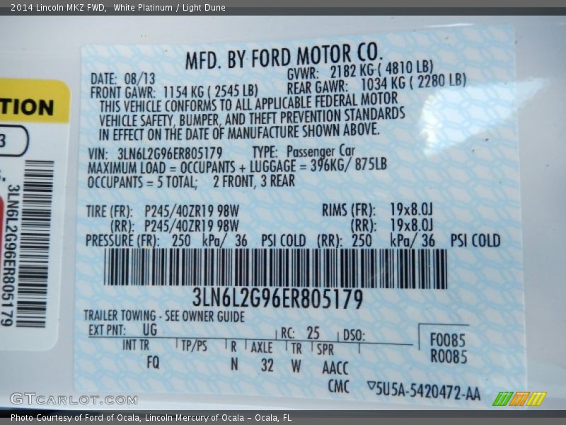 2014 MKZ FWD White Platinum Color Code UG