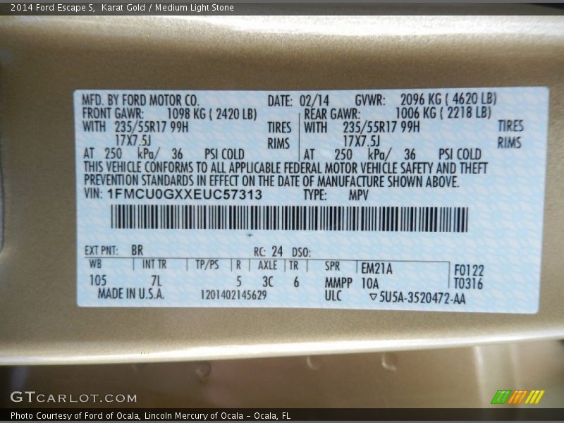 2014 Escape S Karat Gold Color Code BR