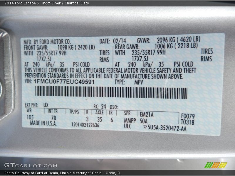 Ingot Silver / Charcoal Black 2014 Ford Escape S