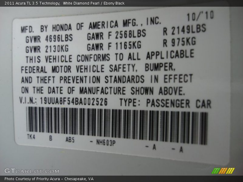 White Diamond Pearl / Ebony Black 2011 Acura TL 3.5 Technology