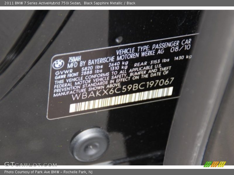 Black Sapphire Metallic / Black 2011 BMW 7 Series ActiveHybrid 750i Sedan