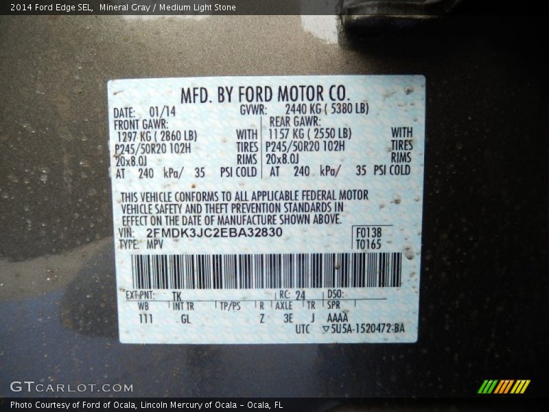 Mineral Gray / Medium Light Stone 2014 Ford Edge SEL