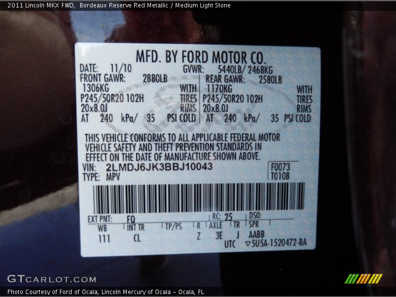 2011 MKX FWD Bordeaux Reserve Red Metallic Color Code FQ