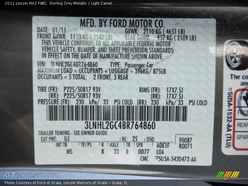 Sterling Grey Metallic / Light Camel 2011 Lincoln MKZ FWD