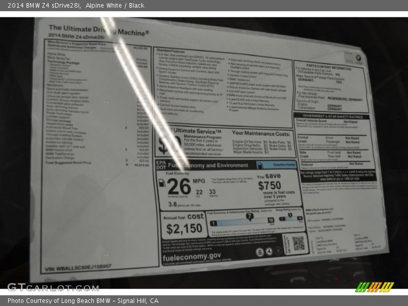  2014 Z4 sDrive28i Window Sticker