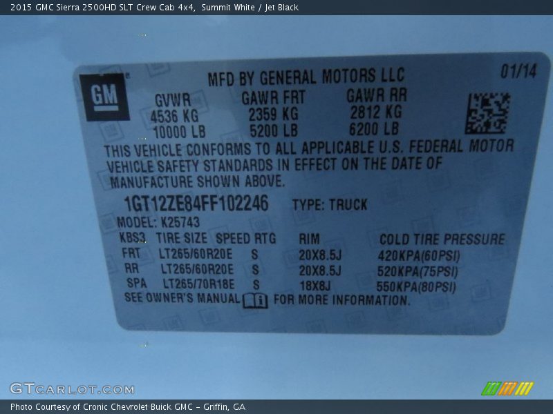 Info Tag of 2015 Sierra 2500HD SLT Crew Cab 4x4