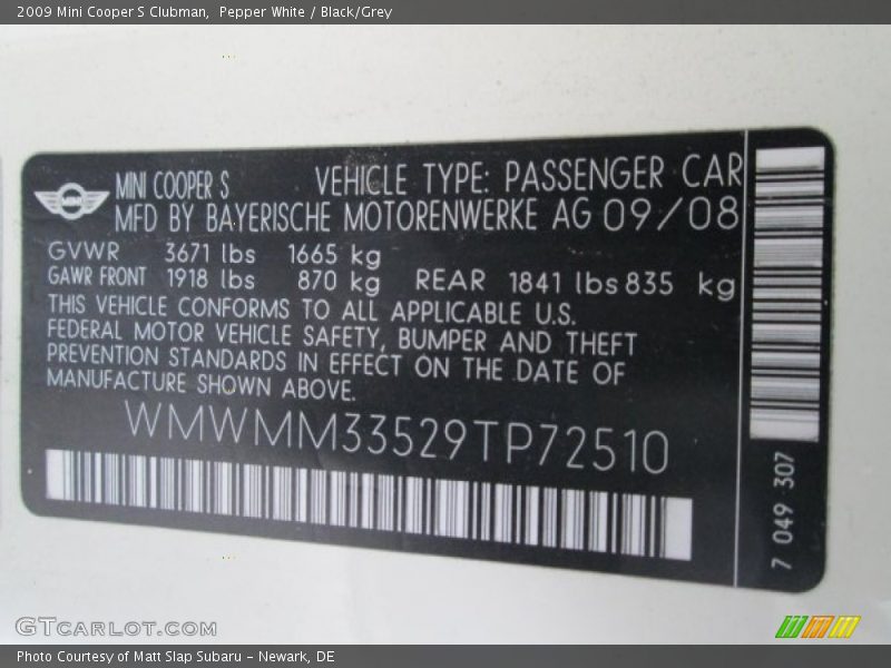 Pepper White / Black/Grey 2009 Mini Cooper S Clubman