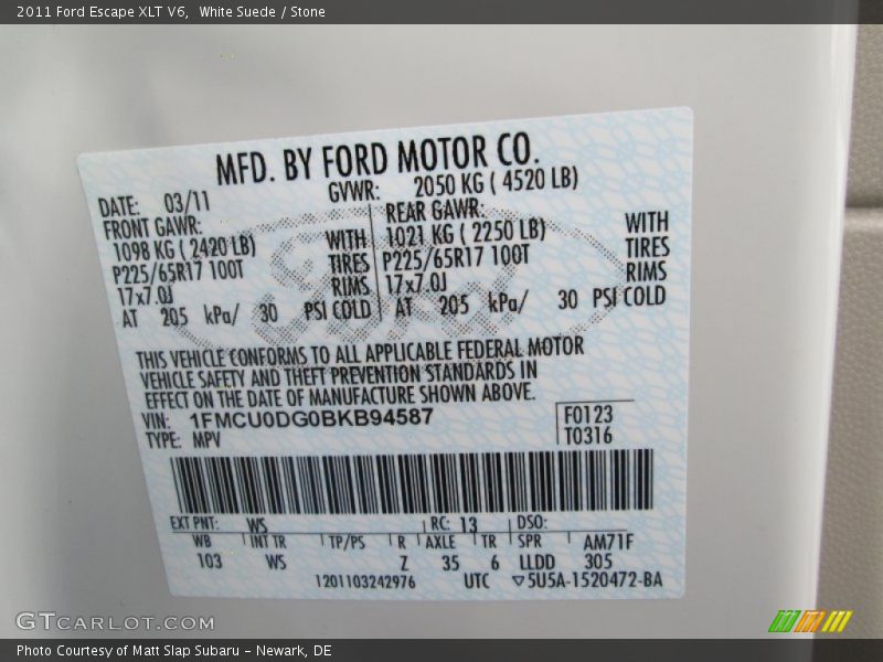 White Suede / Stone 2011 Ford Escape XLT V6