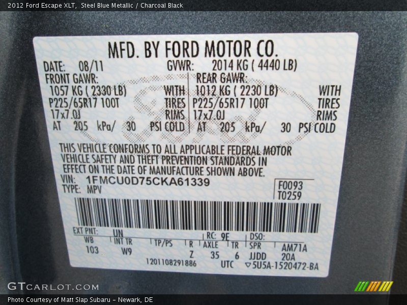 Steel Blue Metallic / Charcoal Black 2012 Ford Escape XLT