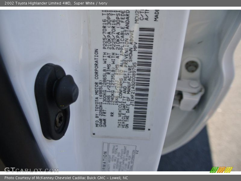 Super White / Ivory 2002 Toyota Highlander Limited 4WD