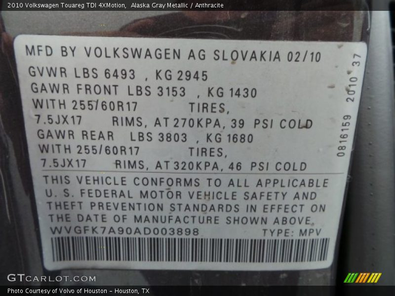 Alaska Gray Metallic / Anthracite 2010 Volkswagen Touareg TDI 4XMotion