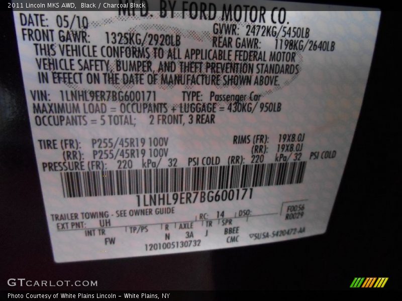 Black / Charcoal Black 2011 Lincoln MKS AWD