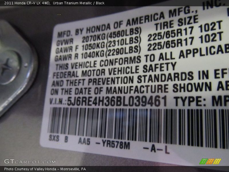 Urban Titanium Metallic / Black 2011 Honda CR-V LX 4WD