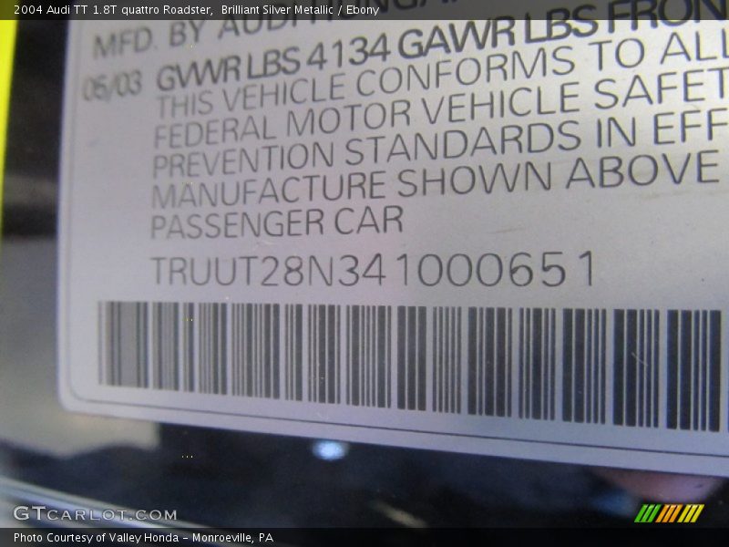 Brilliant Silver Metallic / Ebony 2004 Audi TT 1.8T quattro Roadster