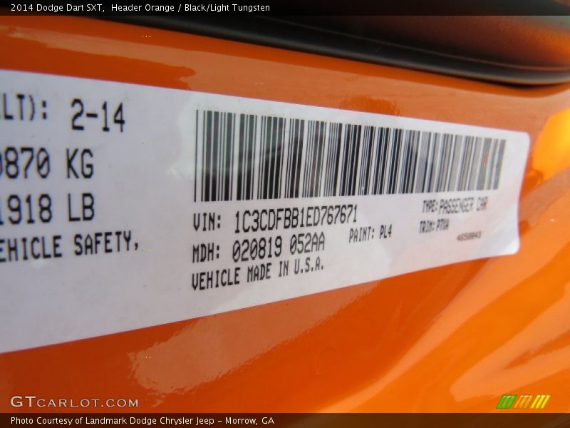 2014 Dart SXT Header Orange Color Code PL4
