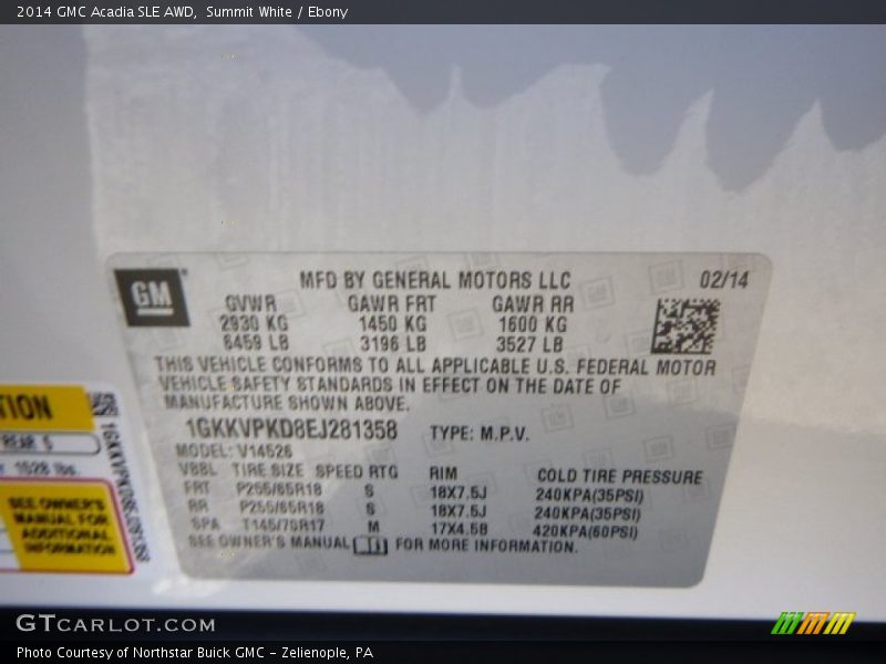 Summit White / Ebony 2014 GMC Acadia SLE AWD