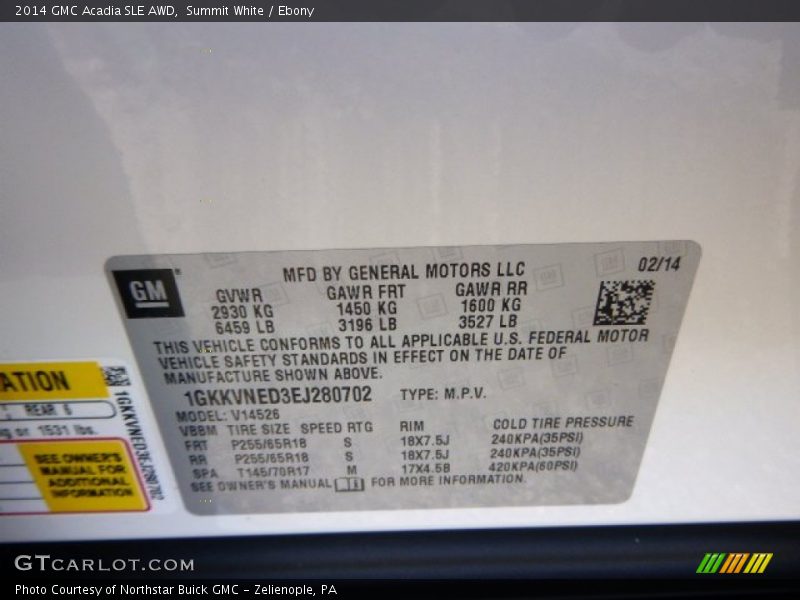 Summit White / Ebony 2014 GMC Acadia SLE AWD