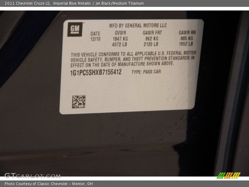 Imperial Blue Metallic / Jet Black/Medium Titanium 2011 Chevrolet Cruze LS