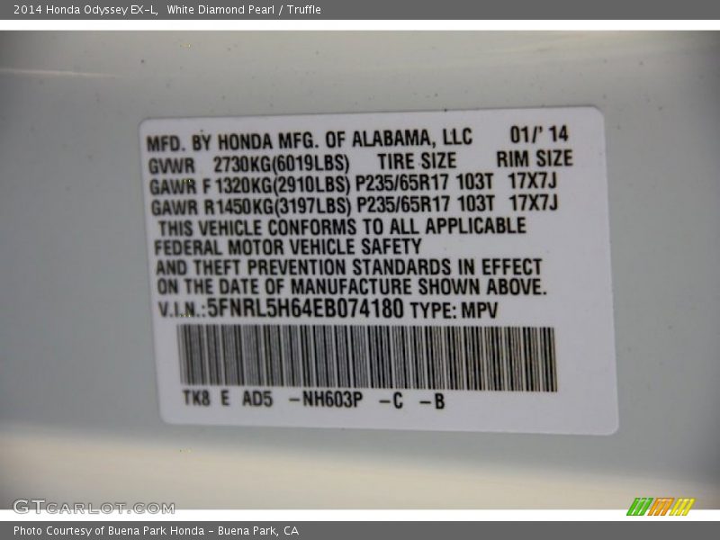 White Diamond Pearl / Truffle 2014 Honda Odyssey EX-L