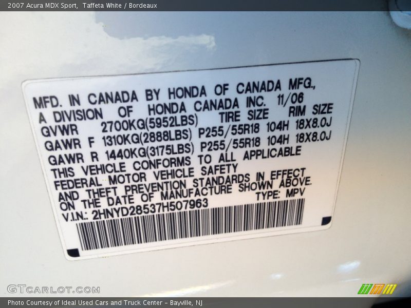 Taffeta White / Bordeaux 2007 Acura MDX Sport