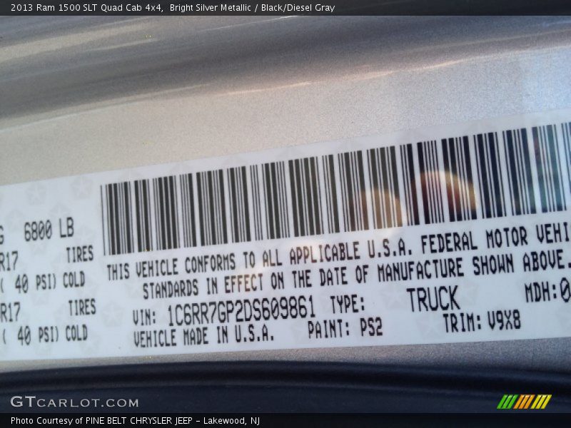 Bright Silver Metallic / Black/Diesel Gray 2013 Ram 1500 SLT Quad Cab 4x4