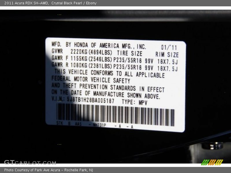 Crystal Black Pearl / Ebony 2011 Acura RDX SH-AWD