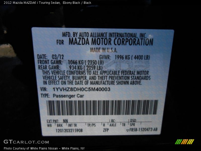 Ebony Black / Black 2012 Mazda MAZDA6 i Touring Sedan