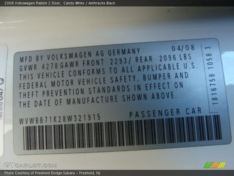Candy White / Anthracite Black 2008 Volkswagen Rabbit 2 Door
