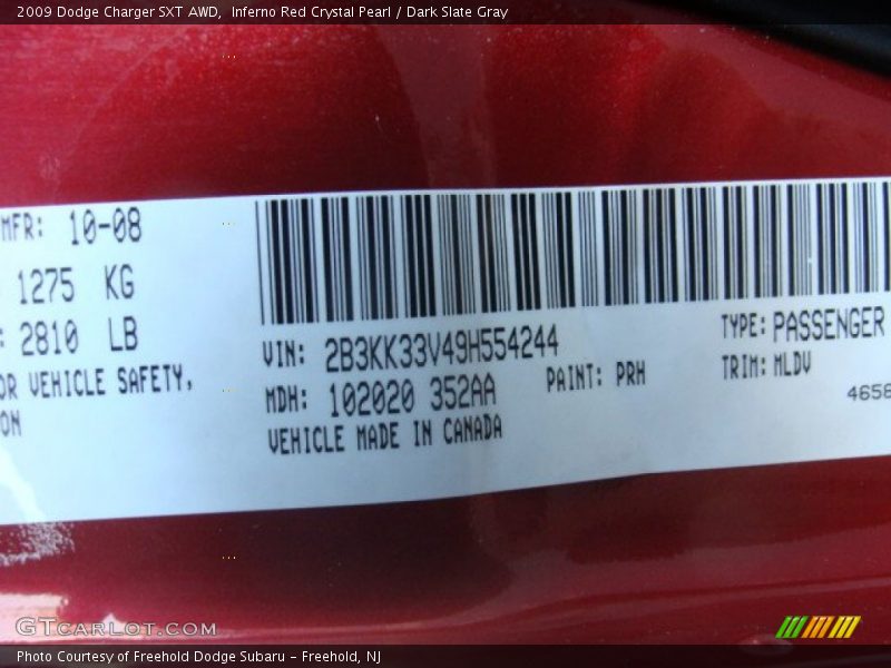 2009 Charger SXT AWD Inferno Red Crystal Pearl Color Code PRH