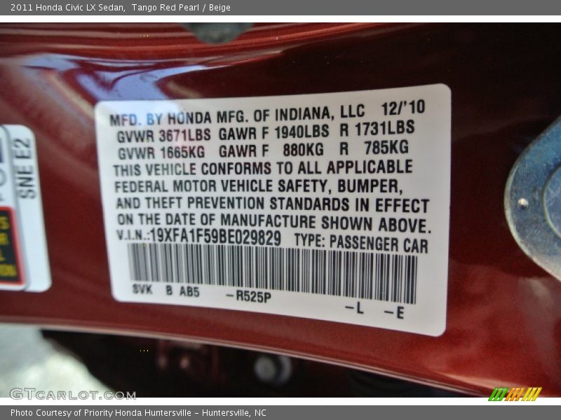 Tango Red Pearl / Beige 2011 Honda Civic LX Sedan