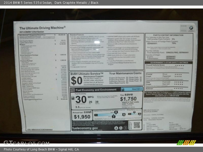 2014 5 Series 535d Sedan Window Sticker