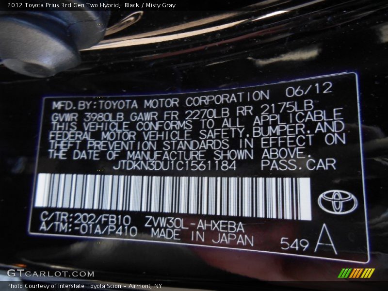 Black / Misty Gray 2012 Toyota Prius 3rd Gen Two Hybrid