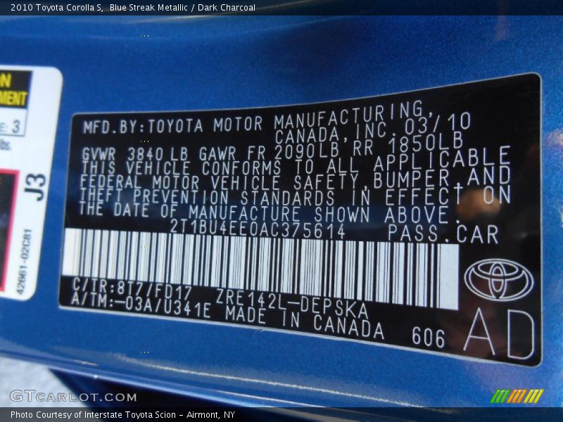 Blue Streak Metallic / Dark Charcoal 2010 Toyota Corolla S