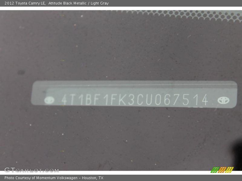 Attitude Black Metallic / Light Gray 2012 Toyota Camry LE