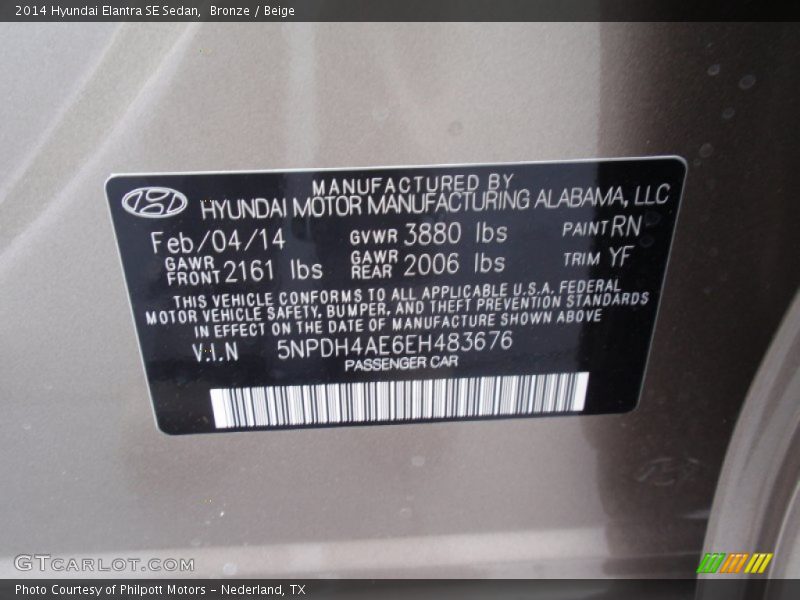 Bronze / Beige 2014 Hyundai Elantra SE Sedan